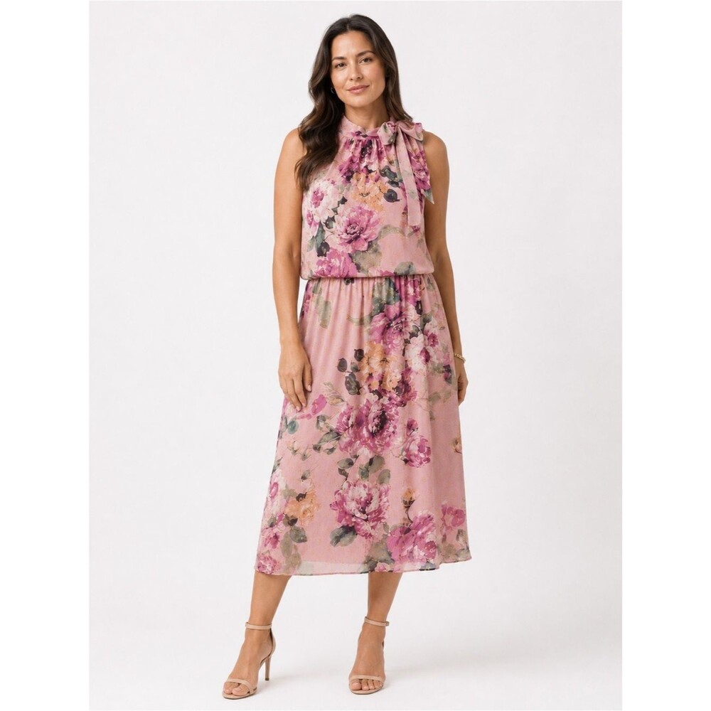 Jessica Howard Floral Chiffon Midi Dress Tie Neck Sleeveless Pink Shimmer 16 NEW